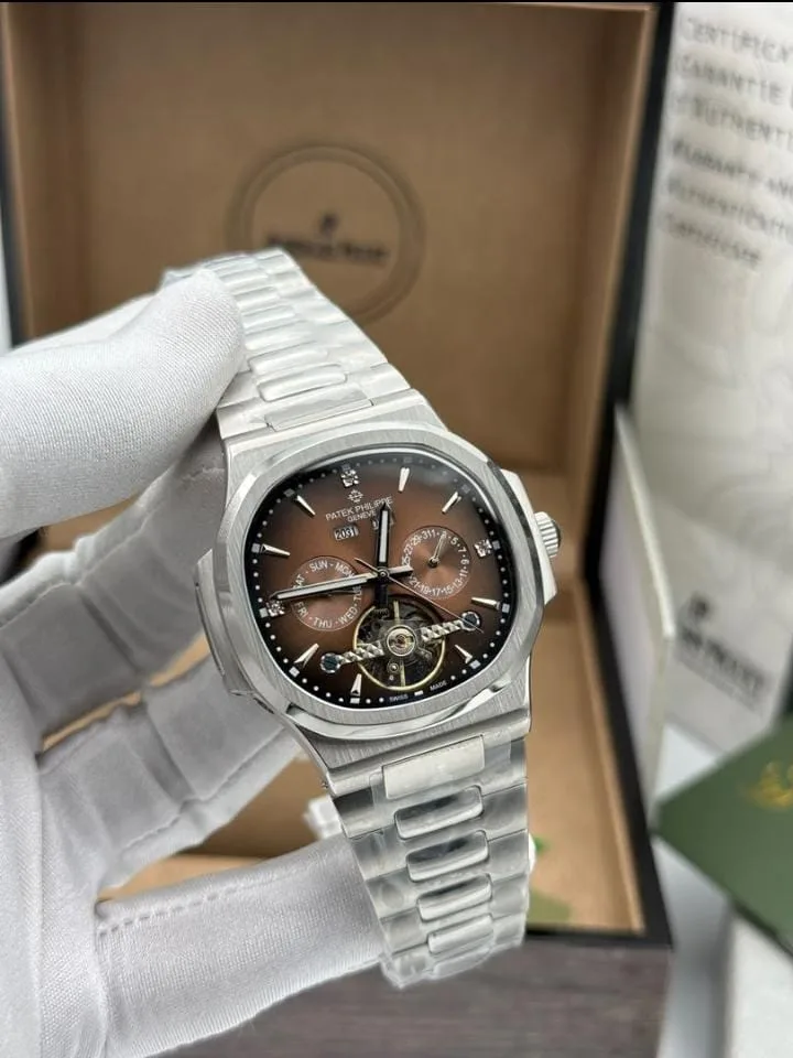 Steel Chronograph Watch, Brown Dial