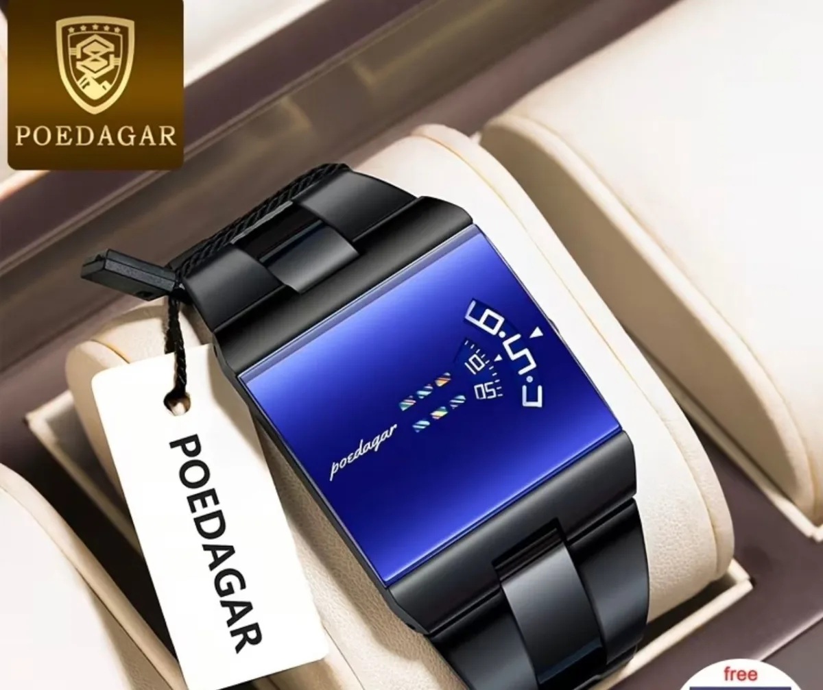 Black Square Digital-Style Watch, Blue Face